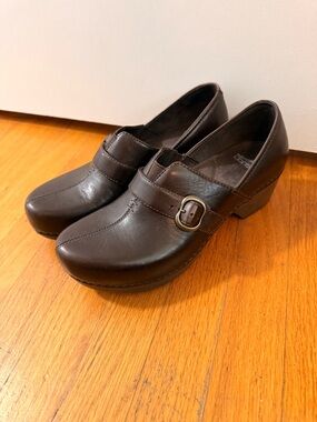 Dansko Dark Brown Leather Buckle Clogs
